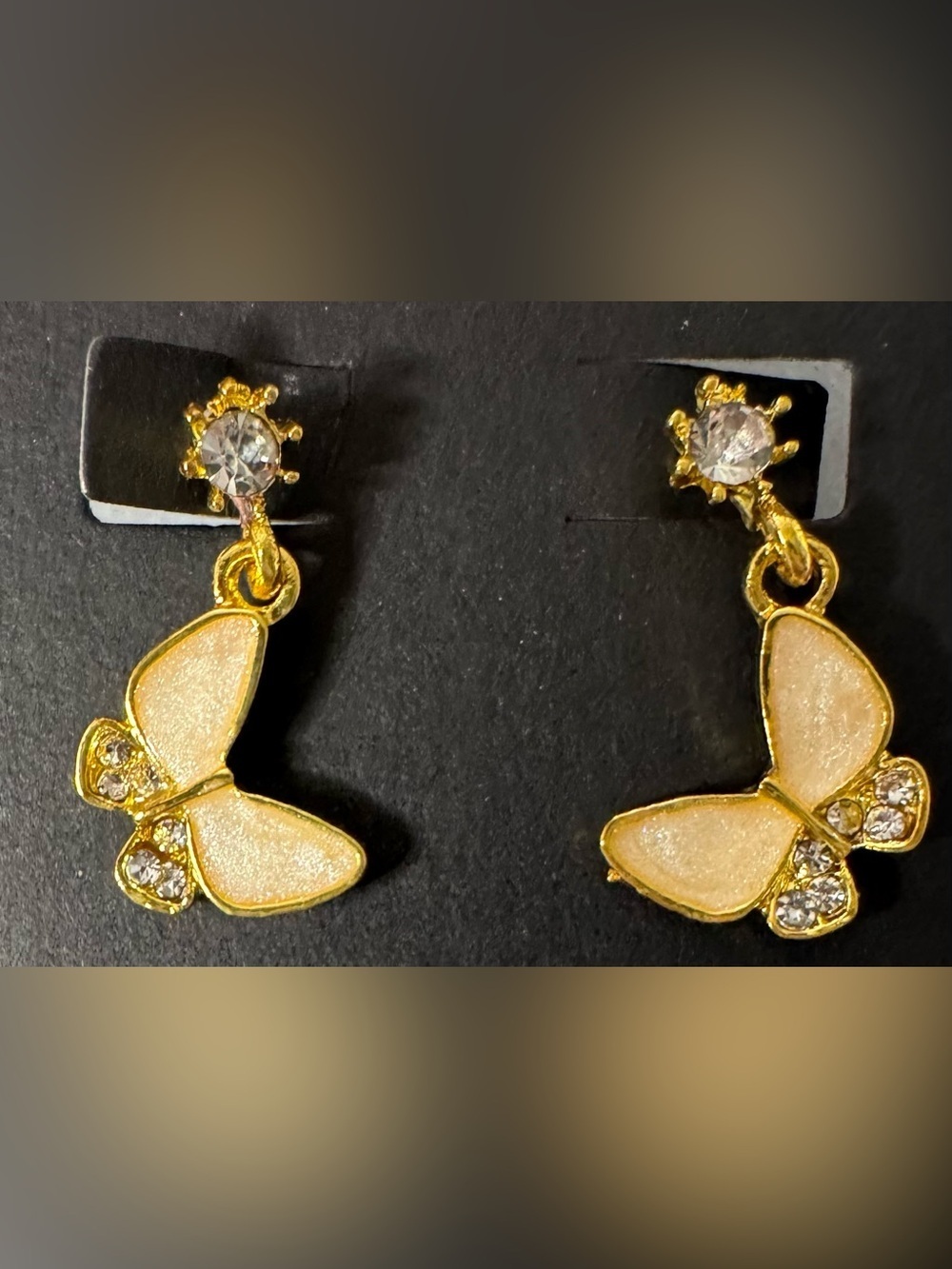 Gold-Tone Cream enamel Butterfly Drop dangle Earrings feminine summer dainty